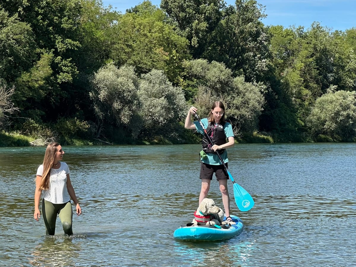Mensch-Hund-Team balanciert auf einem Paddleboard nahe am Ufer