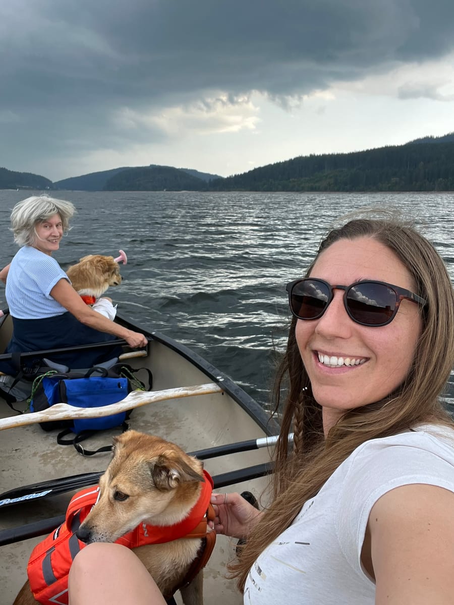 Gruppe von Mensch-Hund-Teams beim SUP und Kajak am Abenteuertag